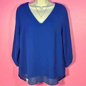 V-Neck Blouse - Button Tab Sleeves - Zip Back - Royal Blue - Size Medium